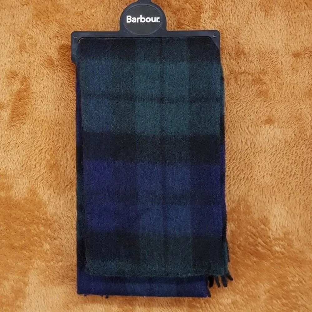 BARBOUR Mens Scarf Blue Green Tartan Plaid Blackwatch Fringe Lambswool Cashmere